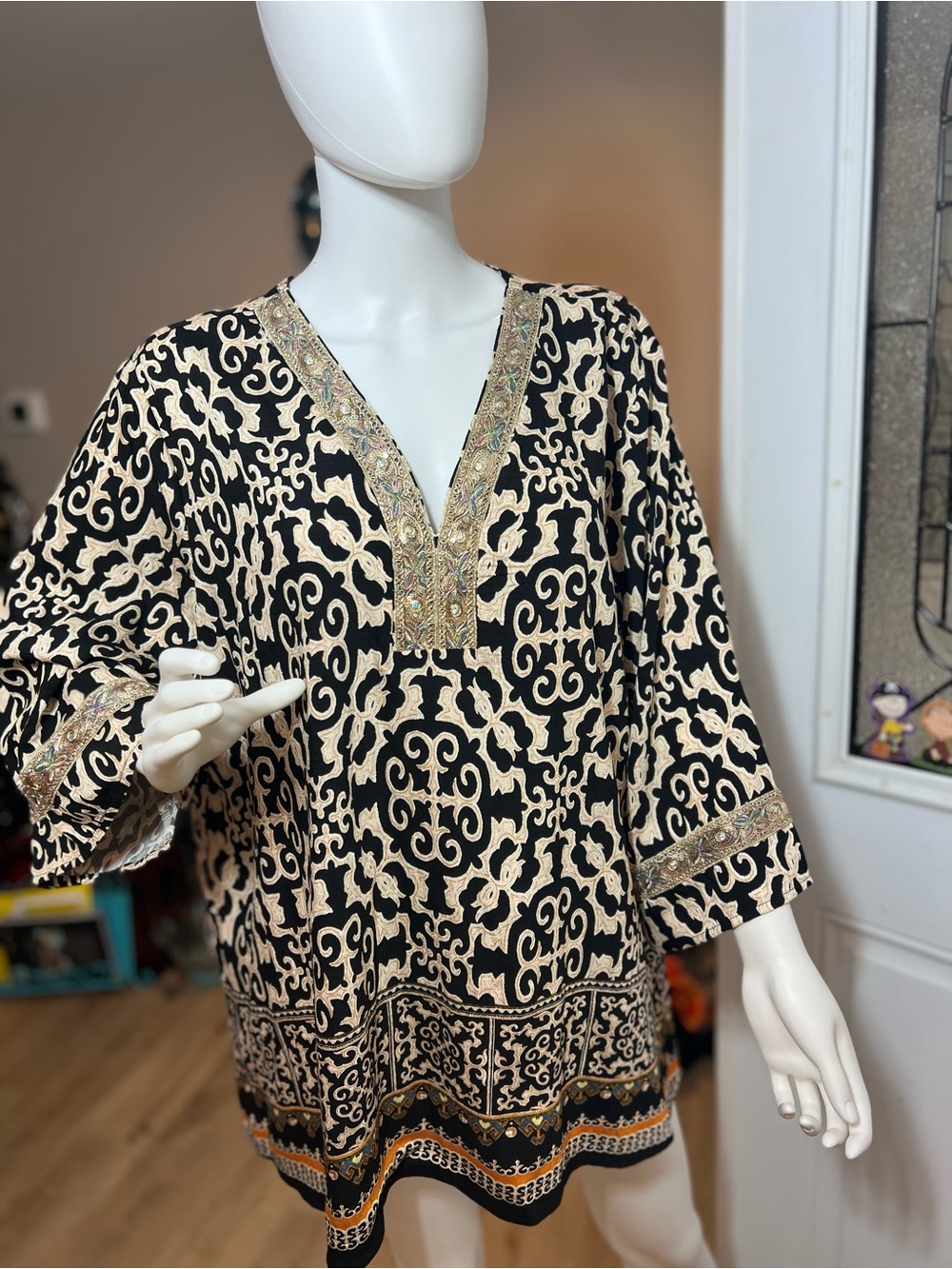 bebe Black and Cream Embroidered V-Neck Tunic with Gold Trim